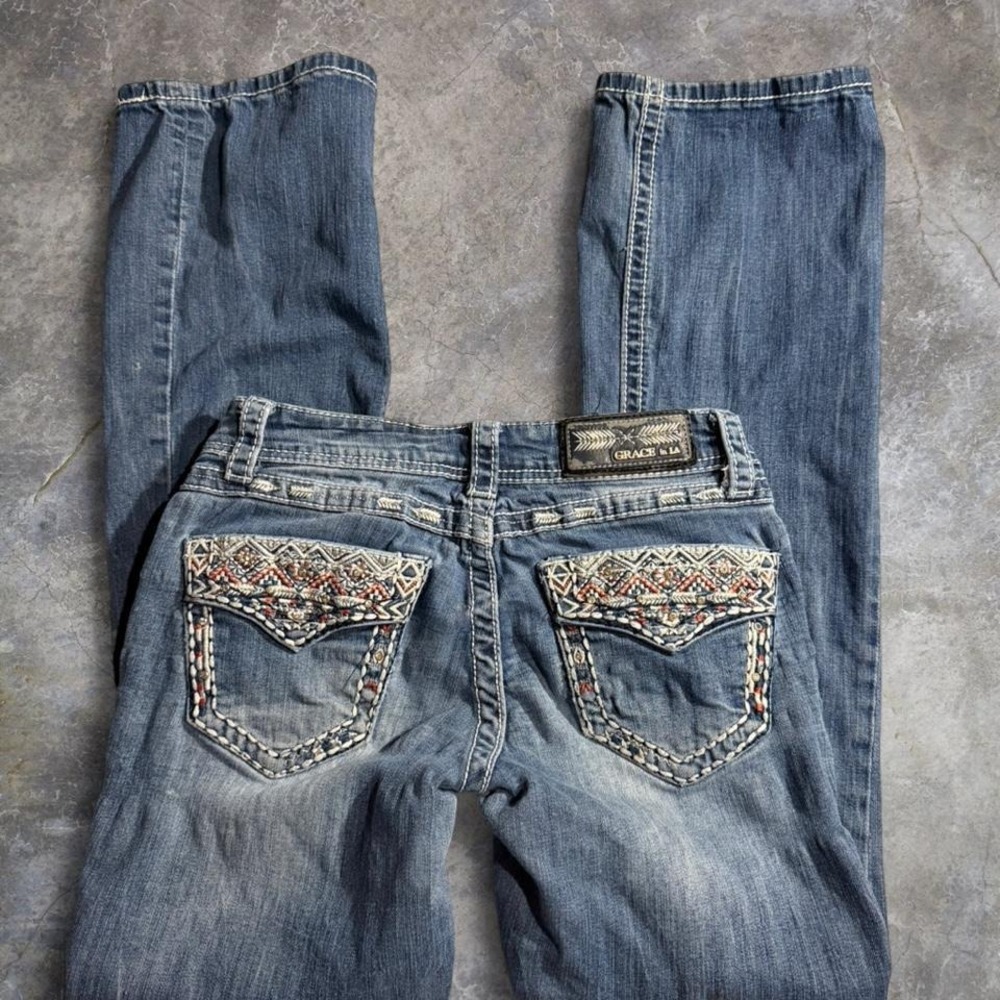 Grace in LA Embellished Rhinestone Bootcut Jeans Blue Wash Women's Size 25